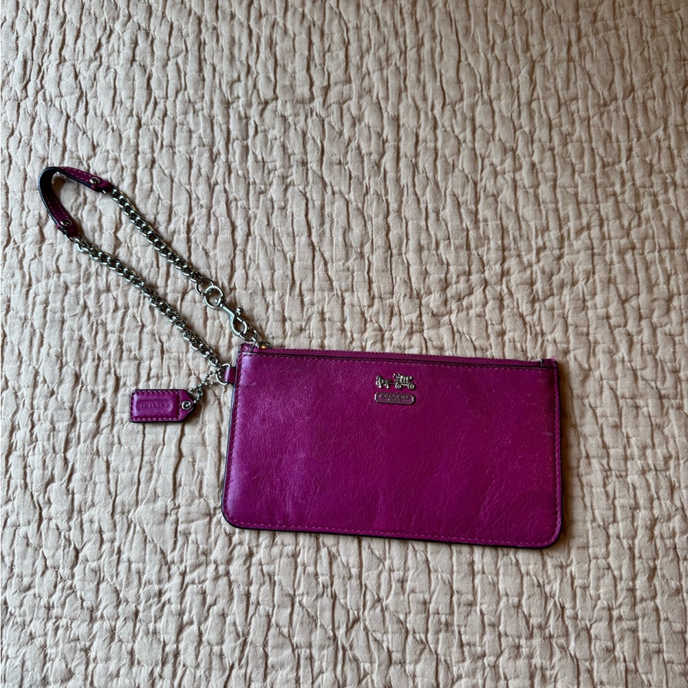 Coach Fuchsia Leather Wristlet w Silver Hardware, Blue Interior